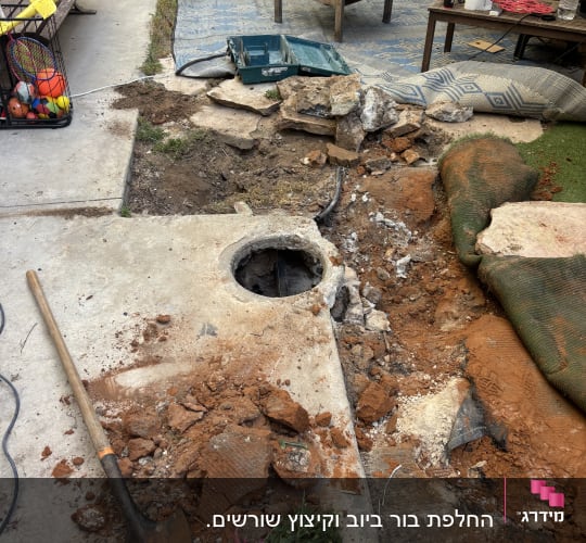 חפירה עם את ליד פתח ביוב פתוח